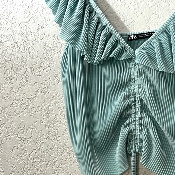 ZARA Mint Blue Pleated Crop Off shoulder Ruched drawstring Trendy Casual Tops - Picture 6 of 6